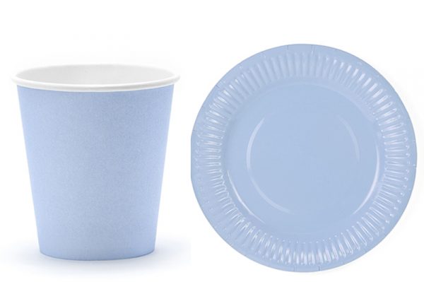 vasos y platos de papel color azul fiesta cumpleaños