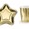 platos y vasos de papel dorados forma estrella
