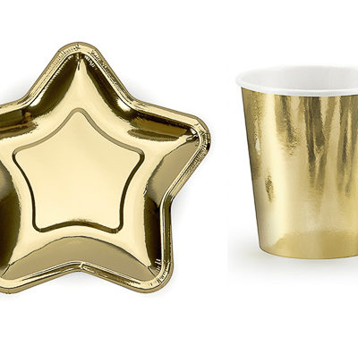 platos y vasos de papel dorados forma estrella