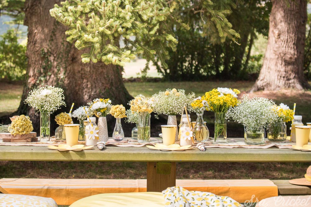 fiesta de flores y picnic en el jardín
